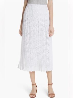Tory Burch Carine White Laser Cut Eyelet Pleated Midi Skirt